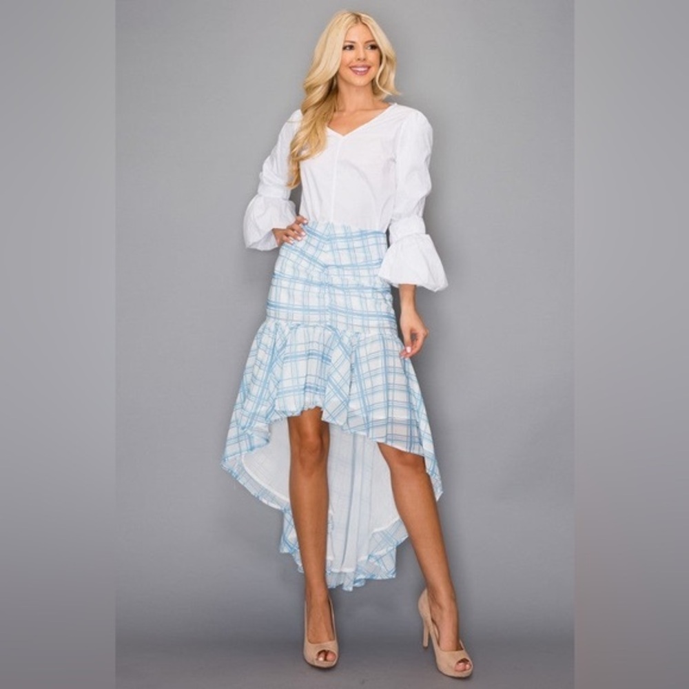 Ma Cherie High Low Plaid Flared Skirt Blue White Small Pre-Owned